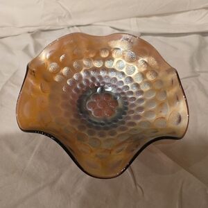 Fenton Green Carnival Glass Iridescent Coin Dot Pattern Ruffled Bowl